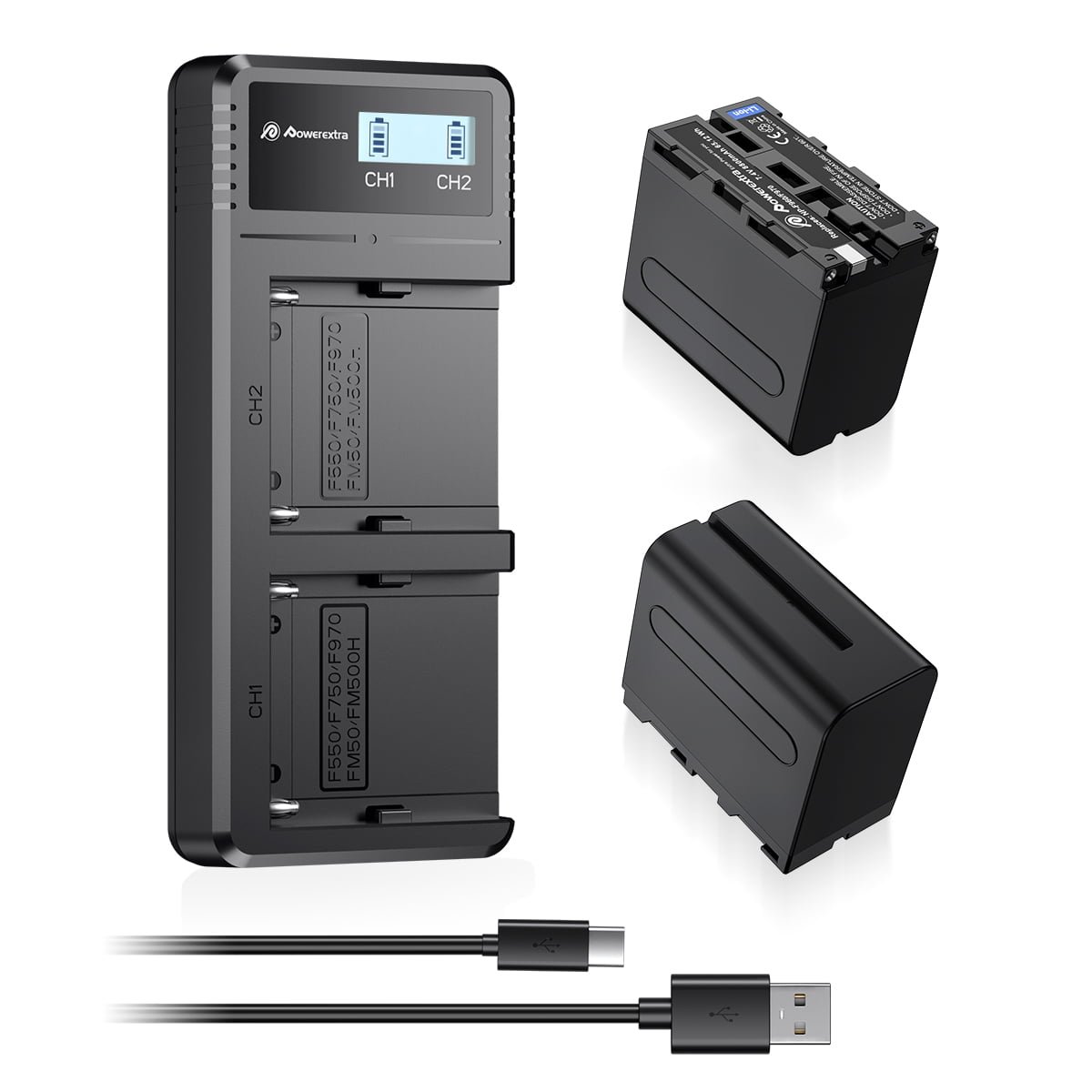 Powerextra 2 Pack Replacement Sony NP-F970 Battery and Fast Charger Dual USB