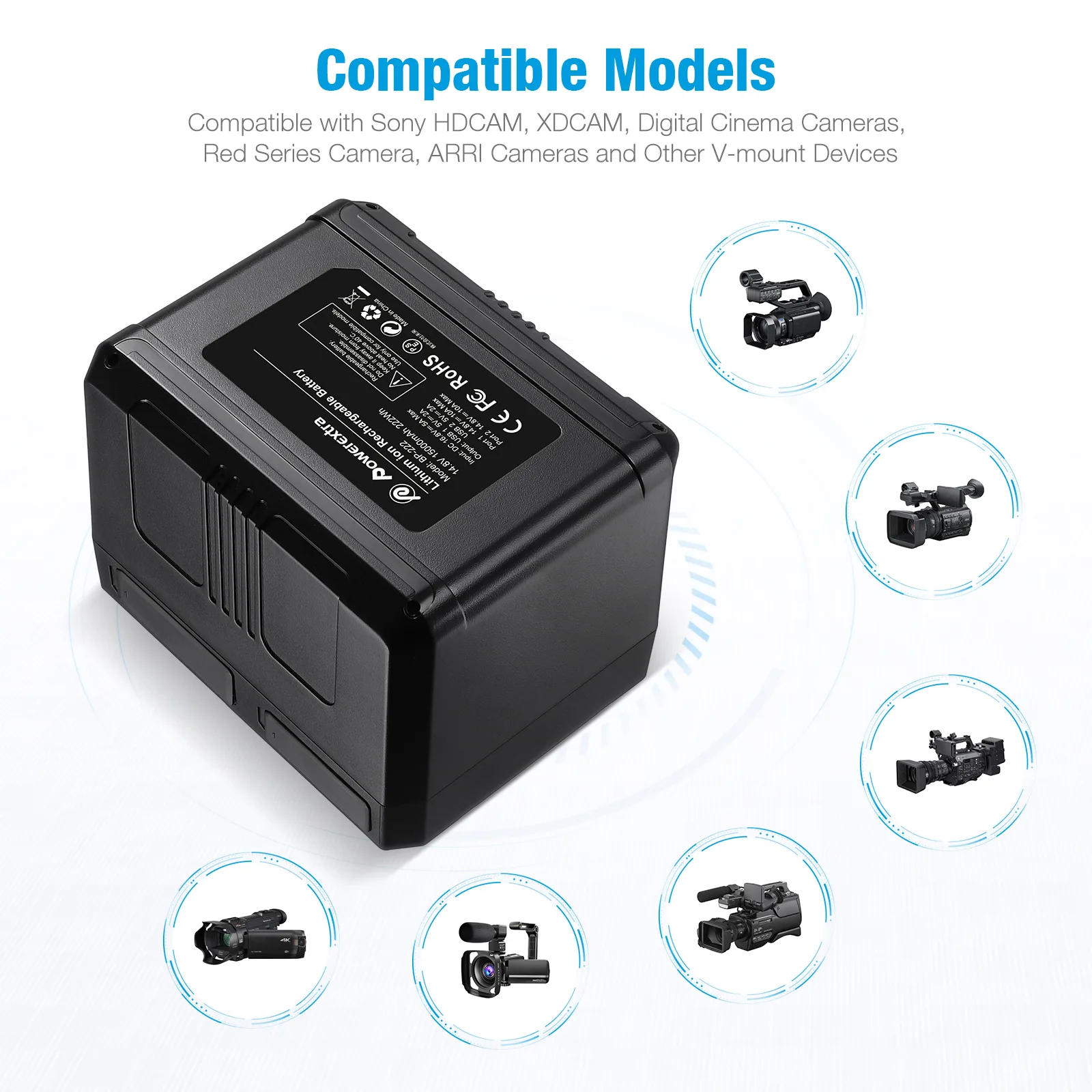 Powerextra V-Mount/V-Lock Battery - 222Wh 14.8V 15000mAh Rechargeable Li-ion Battery