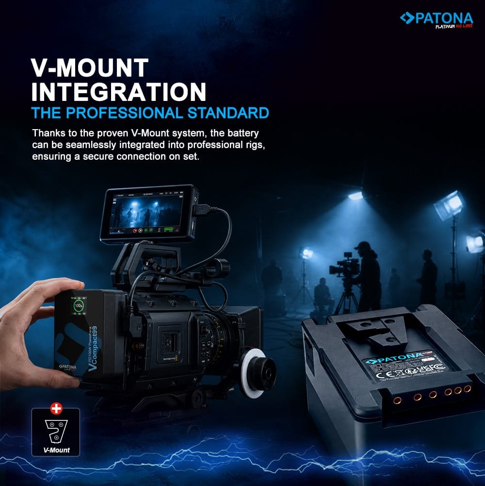 Patona VCompact99 V Mount Battery DIGITAL MASTER: https:::digitalmastergh.com _04_v-mount_battery_vcompact99_pd100w_prem_desk_EN