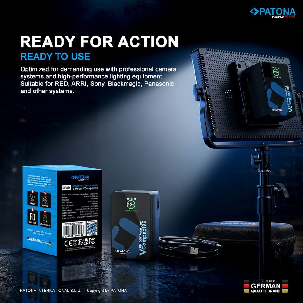 Patona VCompact99 V Mount Battery DIGITAL MASTER: https:::digitalmastergh.com _07_v-mount_battery_vcompact99_pd100w_prem_desk_EN